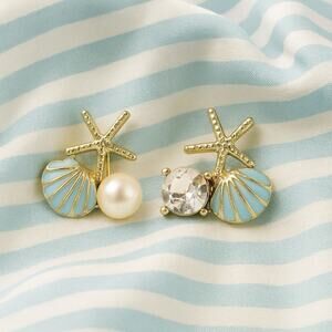 Anthropologie Seashell Starfish Earrings Mismatch Blue Gold Pearl CZ Mermaidcore
